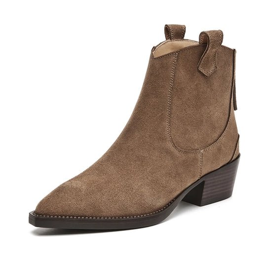A single brown suede ankle boot with a pointed toe, elastic side gore, pull tabs at the top, and a stacked block heel, shown on a plain white background.