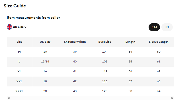 A size guide table showing item measurements from seller for UK Size, with columns for Size, UK Size, Shoulder Width, Bust Size, Length, and Sleeve Length. Options for CM and IN are visible at the top right.