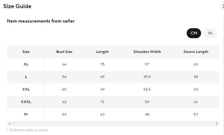 A size guide table showing item measurements from seller in centimeters, with columns for Size, Bust Size, Length, Shoulder Width, and Sleeve Length, plus CM and IN size selectors.