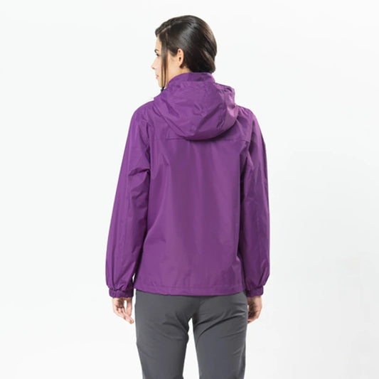 Person wearing a purple raincoat on a white background