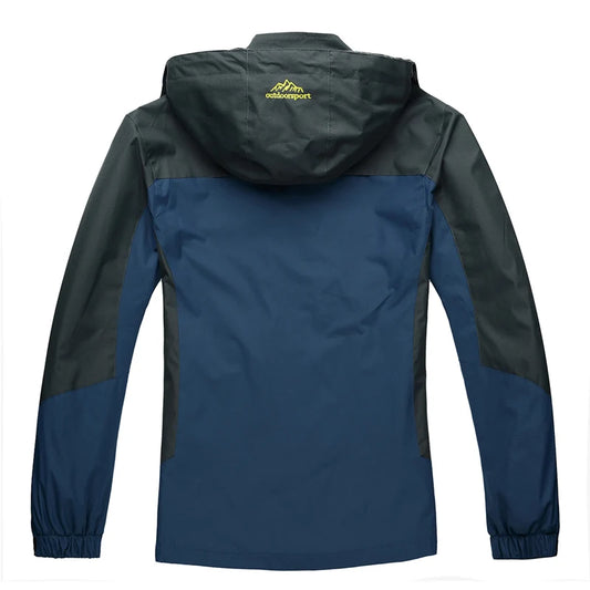 Back view of a blue and green jacket with a brand logo on a white background
