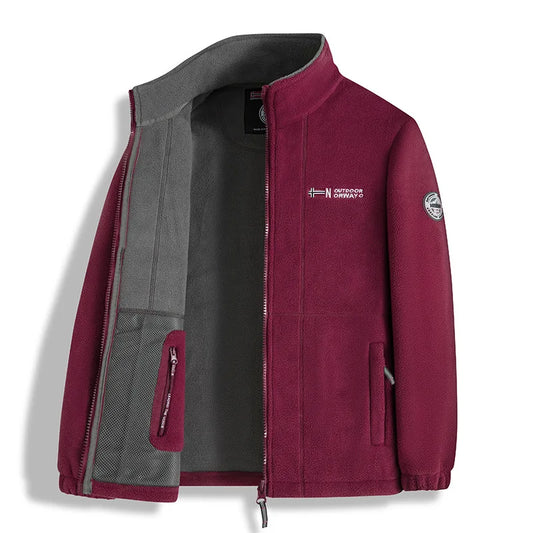 Maroon jacket with gray interior on a white background