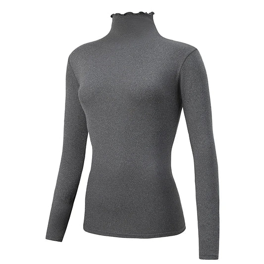 A dark gray long-sleeve mock neck sweater displayed on an invisible mannequin against a plain white background.