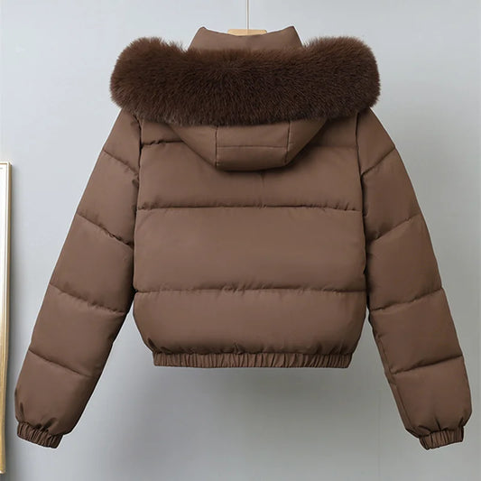 Brown puffer jacket with fur hood on a light gray background