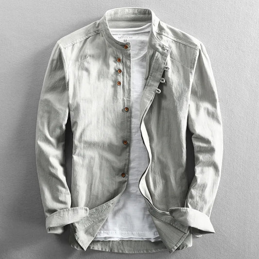 VALORIA | Men’s Linen Cotton Stand Collar Shirt soft linen cotton blend for everyday wear