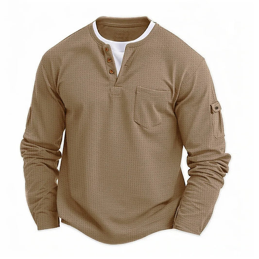 VALORIA | Men’s textured waffle knit Henley shirt with long sleeves