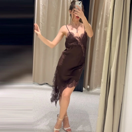 VALORIA | Women’s elegant lace asymmetric slip dress with delicate lace details