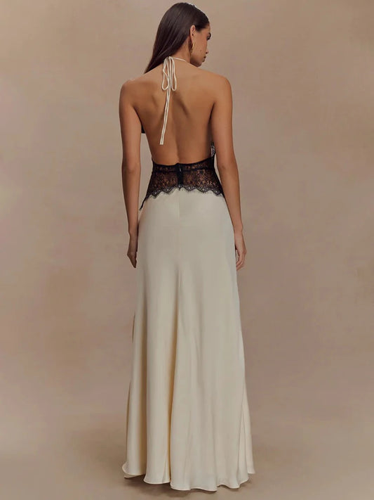 VALORIA | Women’s elegant lace halter maxi dress with flowing silhouette