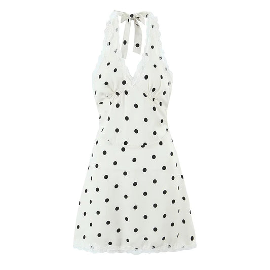 VALORIA | Women’s elegant lace polka dot halter dress with feminine silhouette