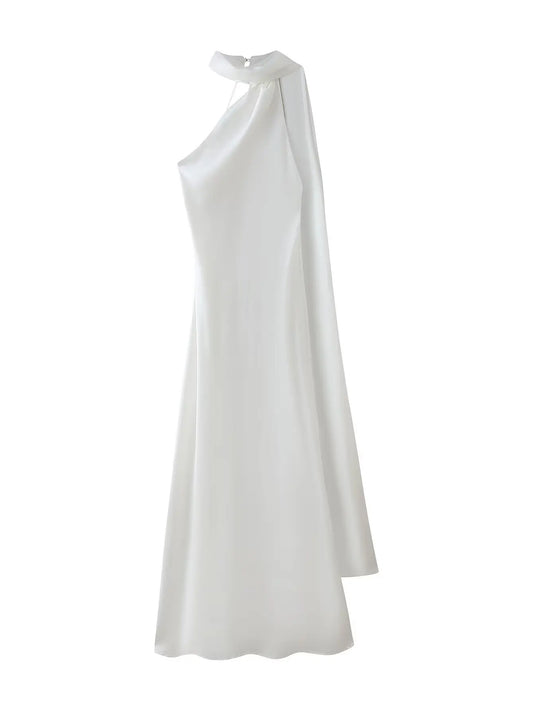 VALORIA | Women’s elegant satin halter maxi dress with open back design