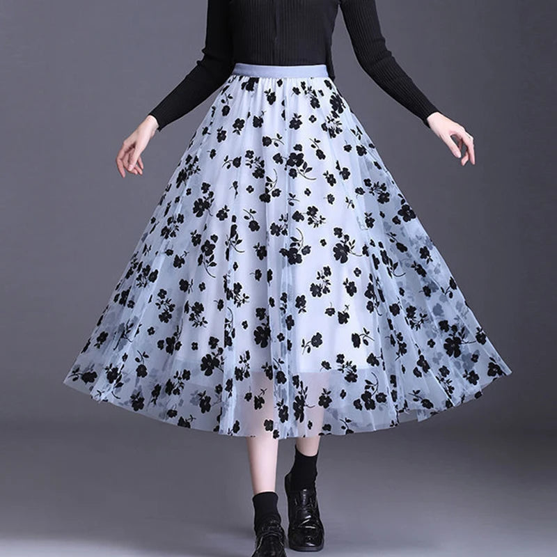 VALORIA | Women’s premium floral tulle midi skirt with flowing A-line silhouette