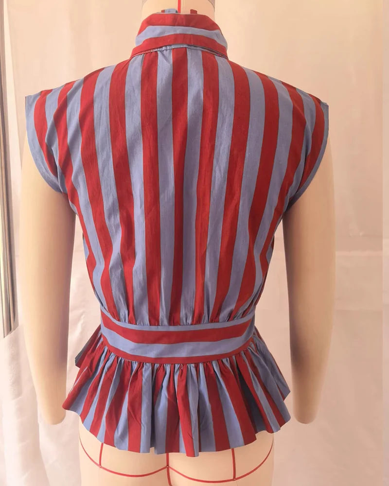 VALORIA | Women’s premium striped bow sleeveless shirt featuring a chic bow detail