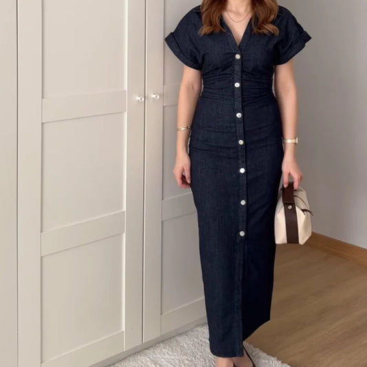 VALORIA | Women’s stylish denim midi shirt dress with button-down front