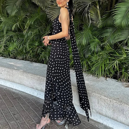 VALORIA | Women’s elegant polka dot pleated halter maxi dress with flowing silhouette