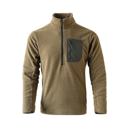 Brown textured pullover with a pocket on a white background