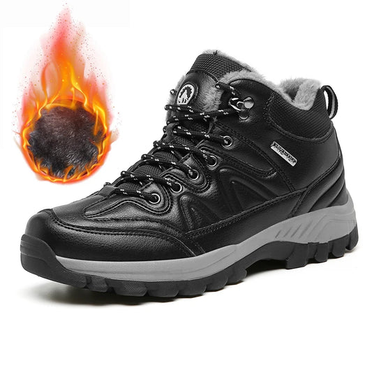 Black hiking boot with gray sole on a white background, featuring a flame icon.
