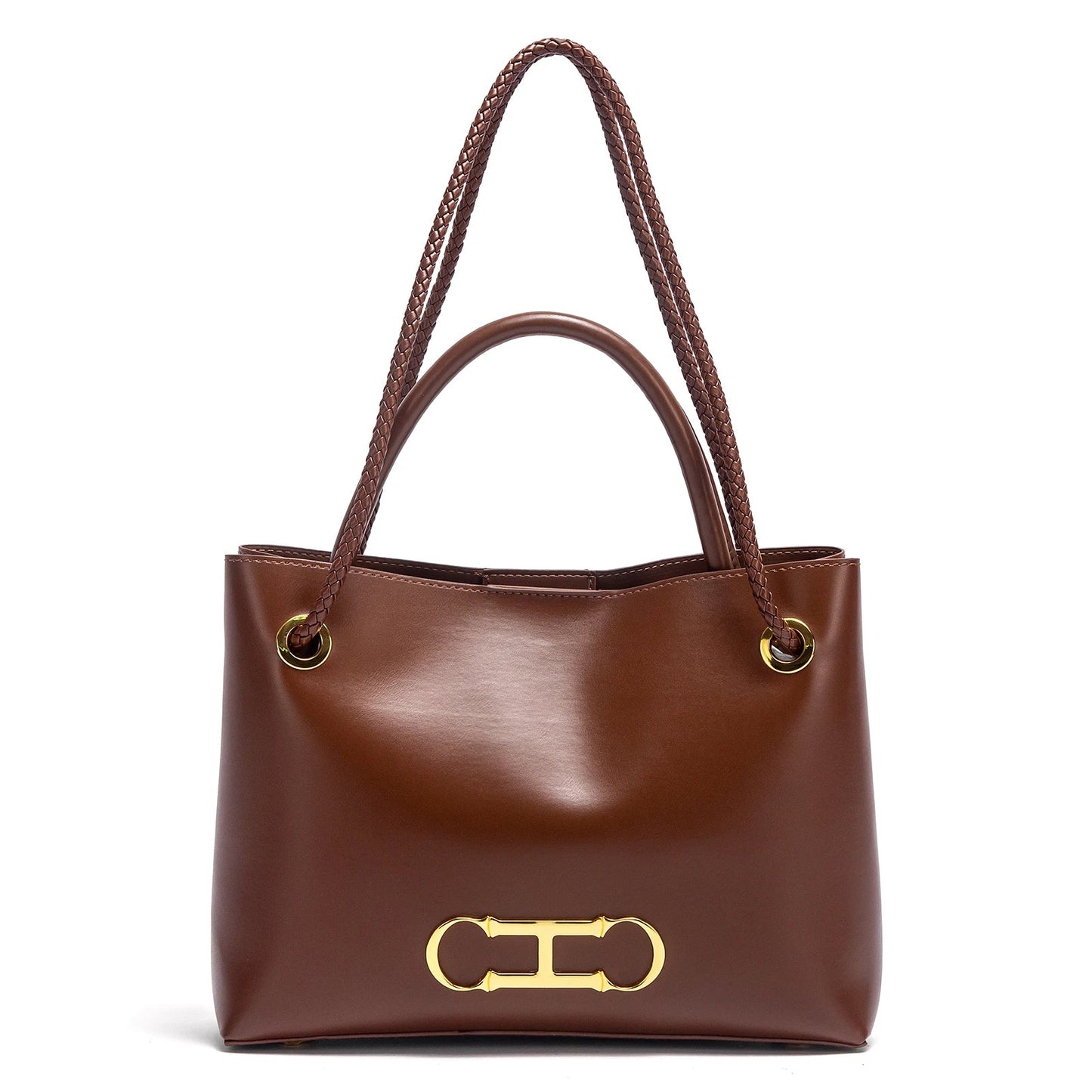 Brown handbag with a gold clasp on a white background