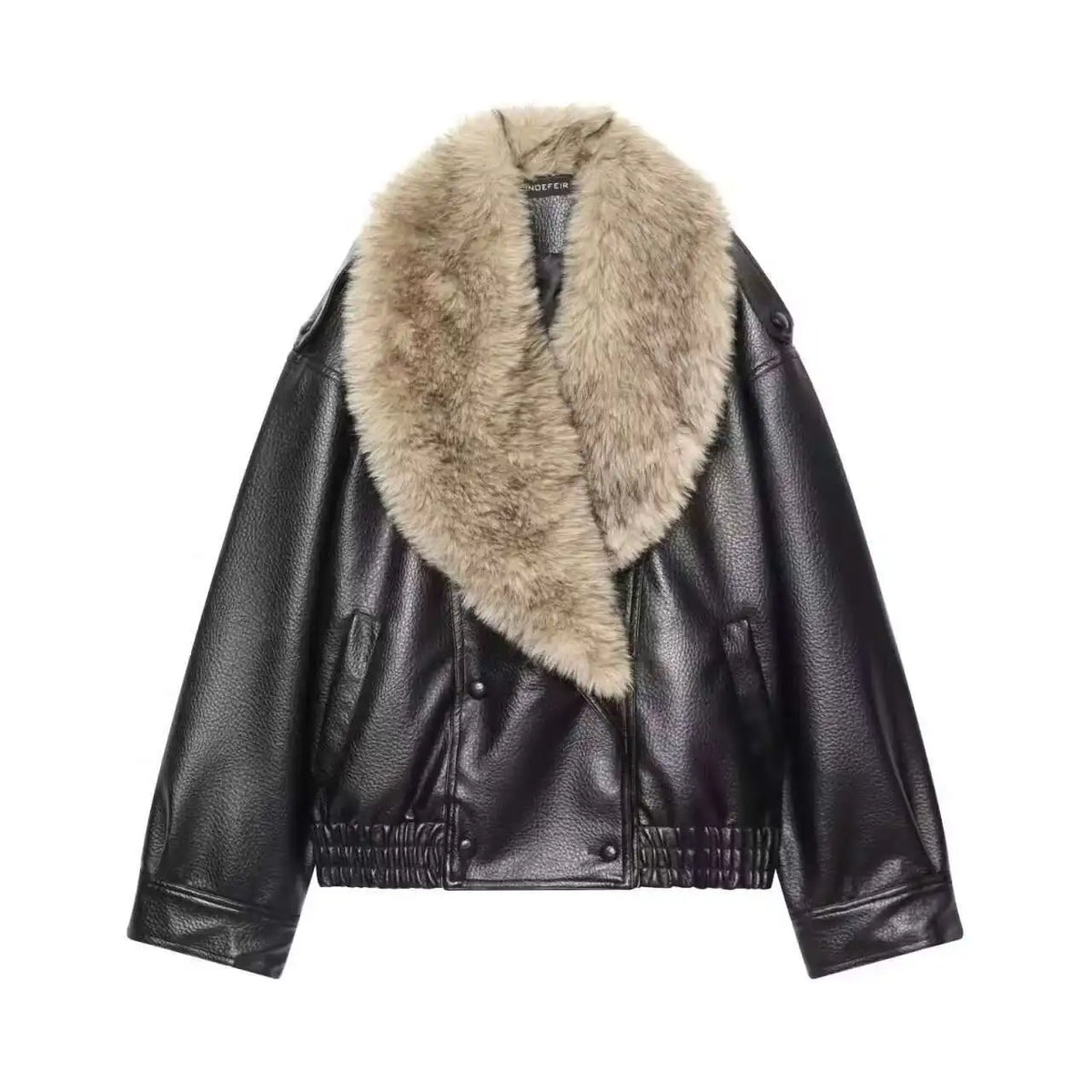 valoria Black leather jacket with fur collar on a white background