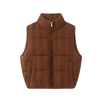 A brown cable-knit zip-up vest with a stand collar and front pockets, shown against a plain white background.