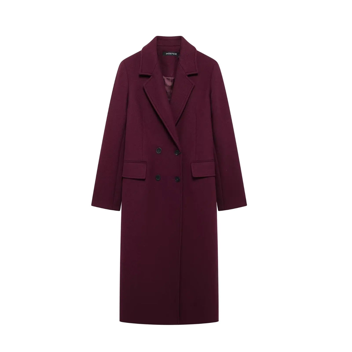 A long double-breasted coat in deep burgundy, featuring notched lapels, flap pockets, and dark buttons, shown against a plain white background.