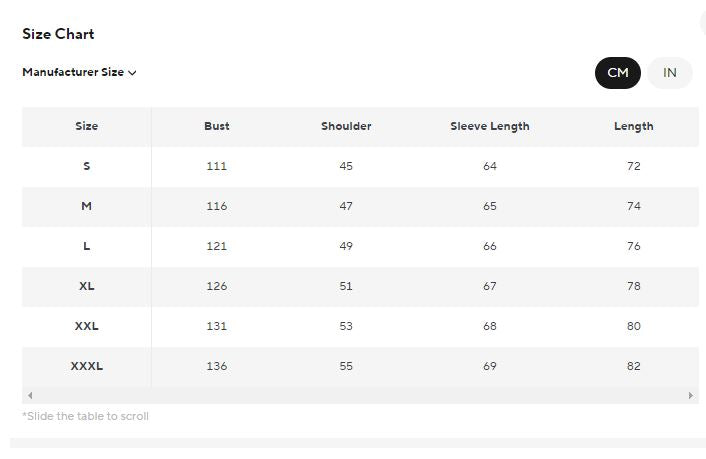 A size chart table showing manufacturer size information with columns for Size, Bust, Shoulder, Sleeve Length, and Length, plus CM and IN size selectors on a white background.