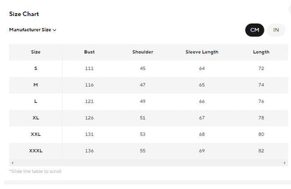 A size chart table showing manufacturer size information with columns for Size, Bust, Shoulder, Sleeve Length, and Length, plus CM and IN size selectors on a white background.