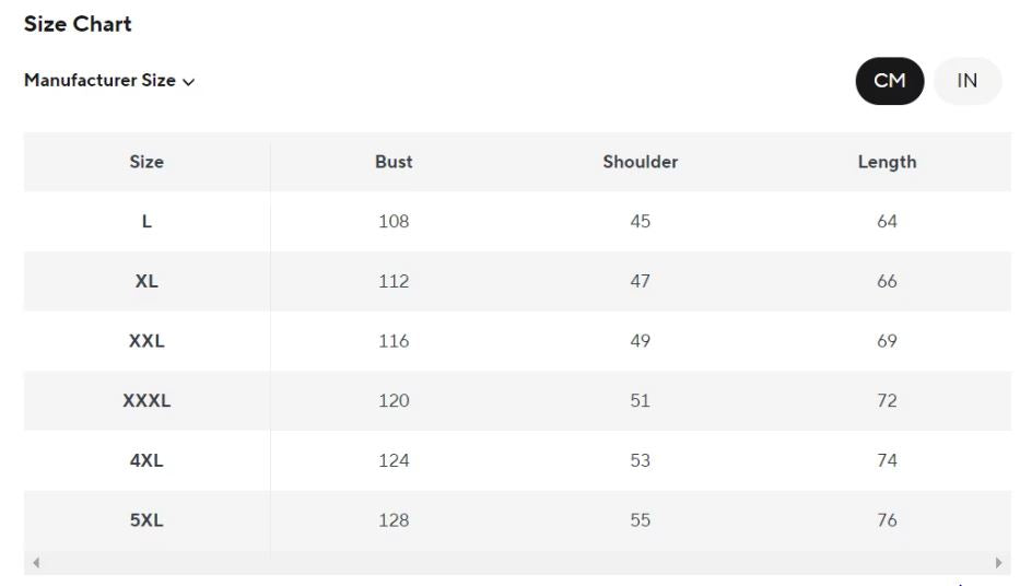 A size chart table showing manufacturer size information with columns for Size, Bust, Shoulder, and Length, plus CM and IN size selectors at the top.