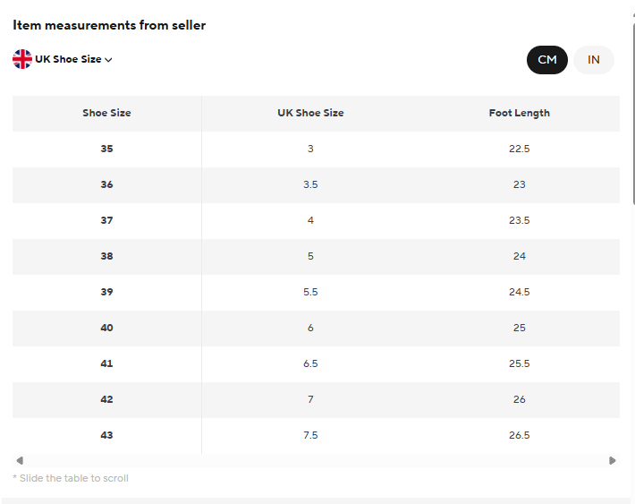 A size conversion table titled 'Item measurements from seller' showing UK Shoe Size and Foot Length conversions in centimeters
