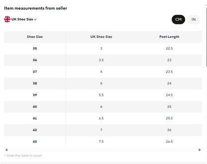 A size conversion table titled 'Item measurements from seller' showing UK Shoe Size and Foot Length conversions in centimeters