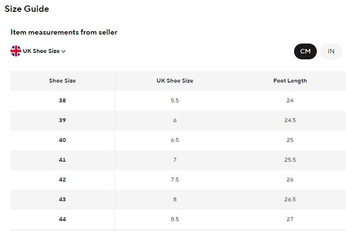 A size guide table showing UK shoe sizes from 38 to 44, with corresponding foot lengths in centimeters and inches.