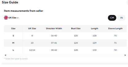 A size guide table showing item measurements from a seller, with UK size options S, M, and L, shoulder width, bust size, length, and sleeve length in centimeters and inches. The header reads 'Size Guide' and 'Item measurements from seller'.