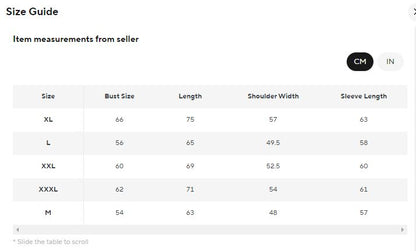 A size guide table showing item measurements from seller in centimeters, with columns for Size, Bust Size, Length, Shoulder Width, and Sleeve Length, plus CM and IN size selectors.