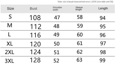A size measurement chart for apparel, showing sizes S through 3XL with corresponding bust, shoulder width, sleeve length, and length measurements in centimeters. A note at the top says size manual measurement error 1-3CM (size table unit CM).