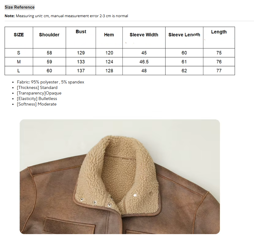 A size reference table in English and Russian with measurements for S, M, and L sizes of a brown leather jacket, shown above a close-up photo of the jacket's collar and shoulder area.