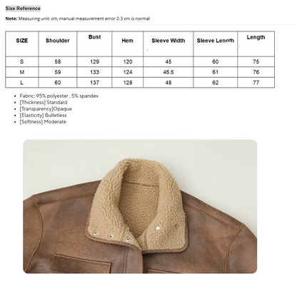 A size reference table in English and Russian with measurements for S, M, and L sizes of a brown leather jacket, shown above a close-up photo of the jacket's collar and shoulder area.