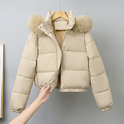Beige puffer jacket with fur hood on a gray background