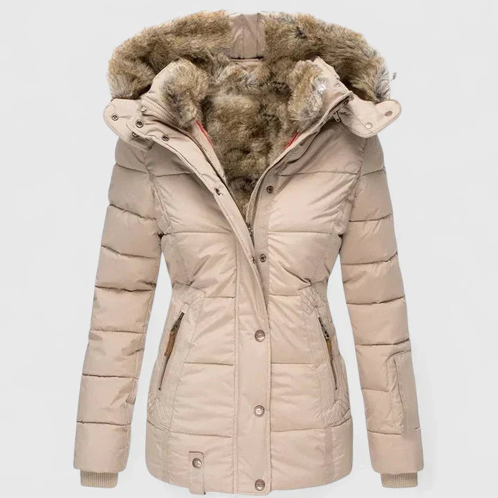 Beige winter jacket with fur-lined hood on a light gray background