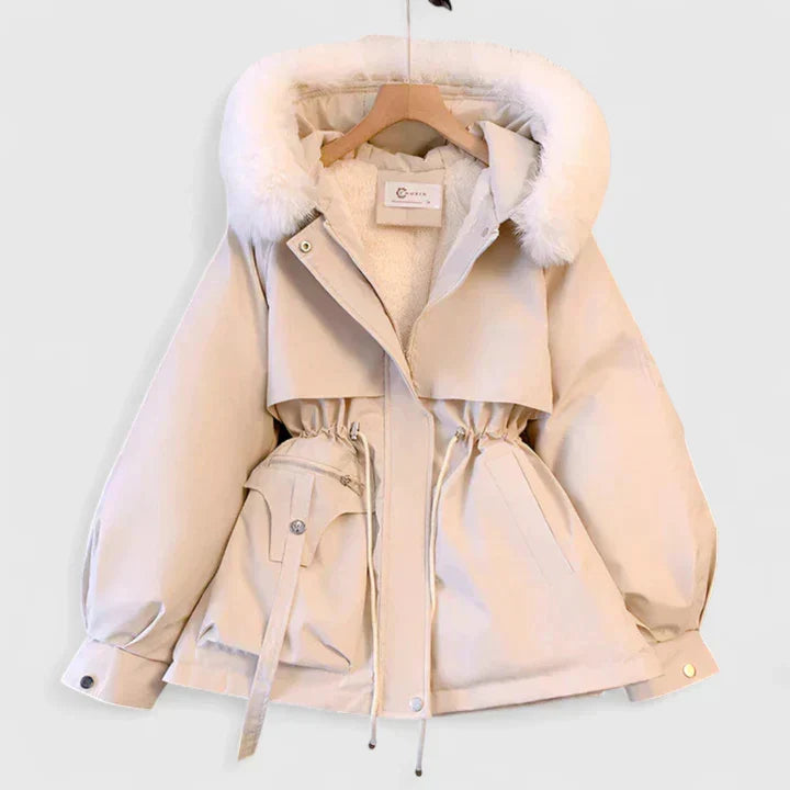 Beige winter jacket with fur-lined hood on a white background