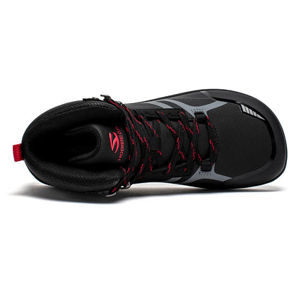 Black and red athletic shoe on a white background