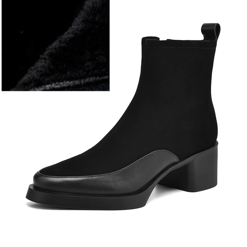 Black ankle boot with a close-up inset showing fur texture on a white background