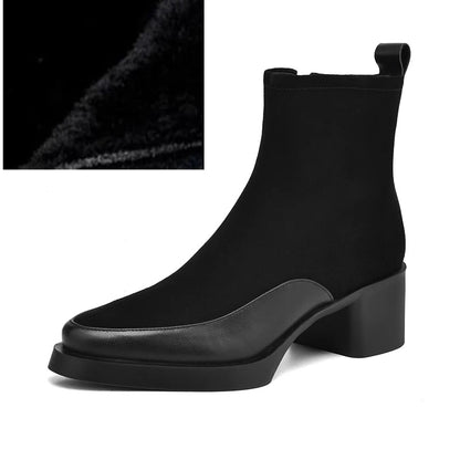 Black ankle boot with a close-up inset showing fur texture on a white background