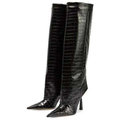 Black crocodile-patterned knee-high boots on a white background