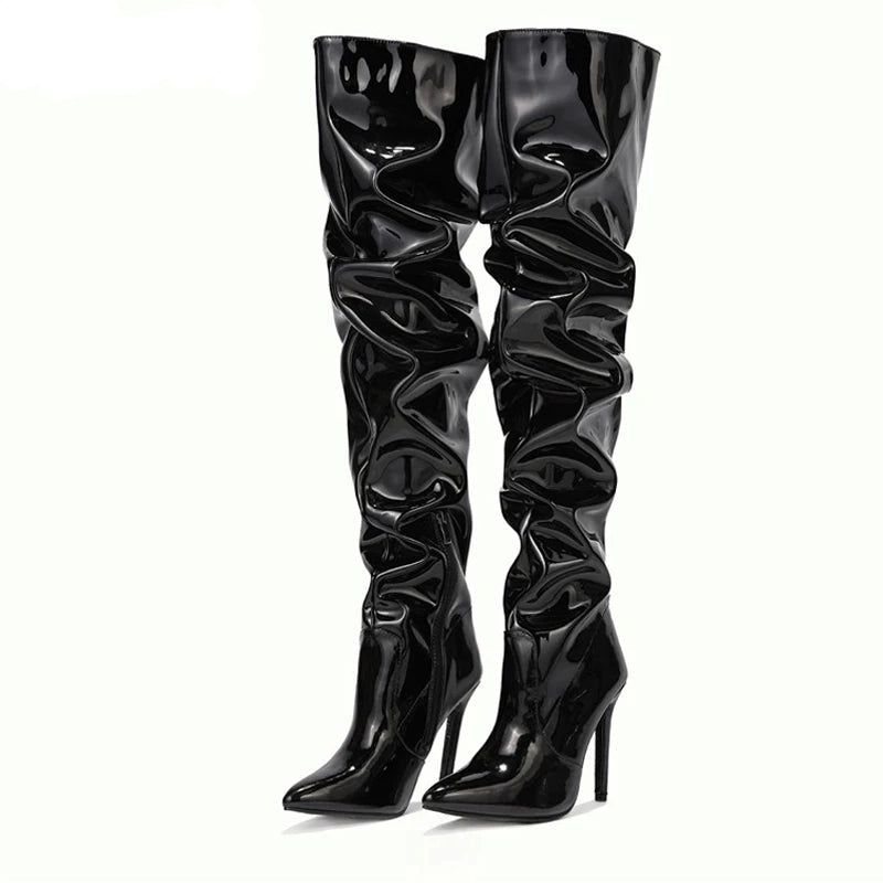Black high-heeled knee boots with ruched design on a white background, branded 'Eilyken'.