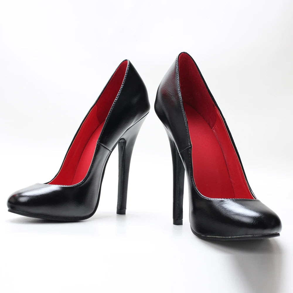Black high-heeled shoes with red lining on a white background
