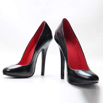 Black high-heeled shoes with red lining on a white background