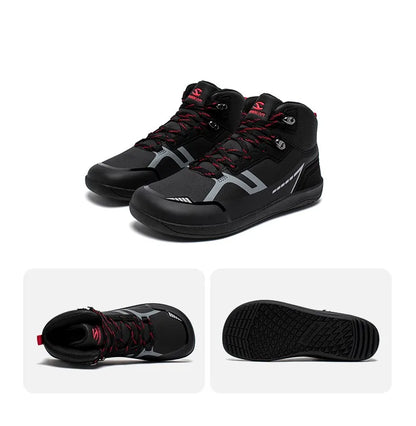 Black high-top sneakers with red accents on a white background
