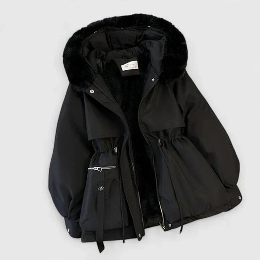 Black jacket with fur-lined hood on a white background
