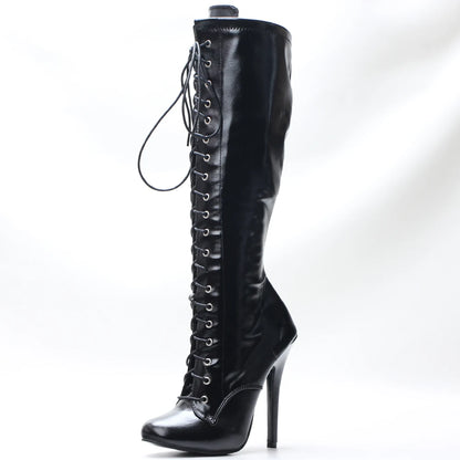 Black knee-high boot with high heel on a white background