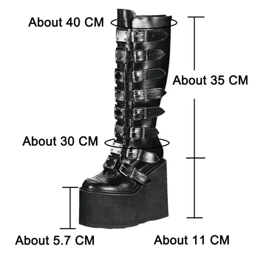 Black knee-high boot with measurements on a white background