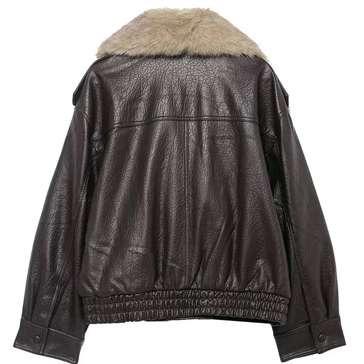 Black leather jacket with fur collar on a white background